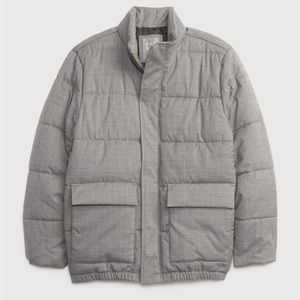 Men’s Gray Plaid Puffer Jacket, Gap, M/Medium